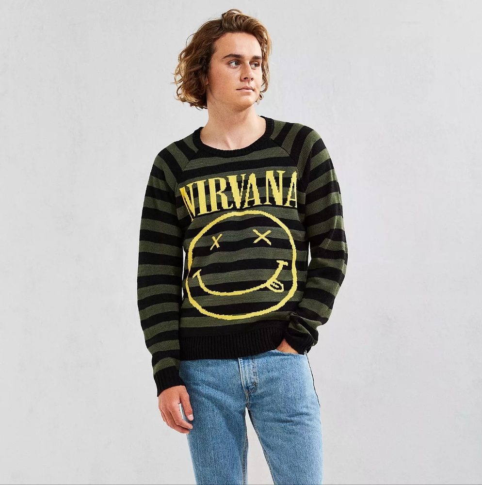 Nirvana 90s Smiley Striped Sweater in Black and Green - Picture 2 of 6